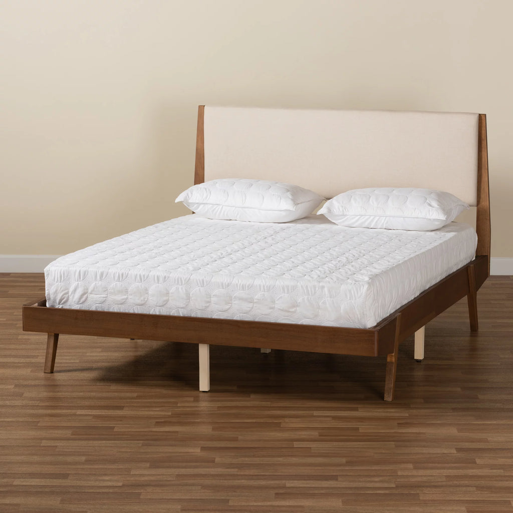 Beige Fabric Upholstered Walnut Brown Wood Queen Size Platform Bed A909