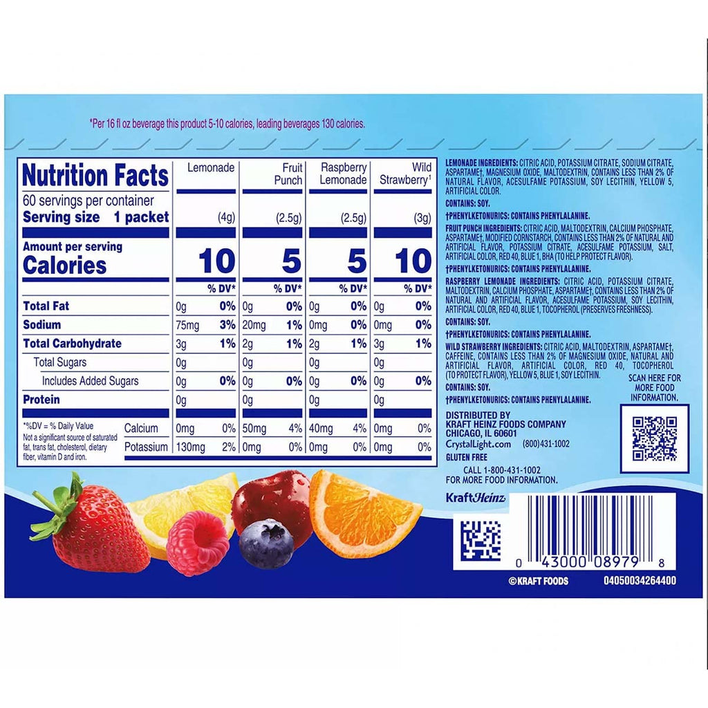 Sugar-Free Lemonade Fruit Punch Raspberry Lemonade Wild Strawberry Powdered Drink Singles Variety Pack, 60 Count Q54932