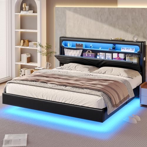 Dark Gray Queen Upholstered Platform Bed with LED Lights and Storage Headboard Y788943