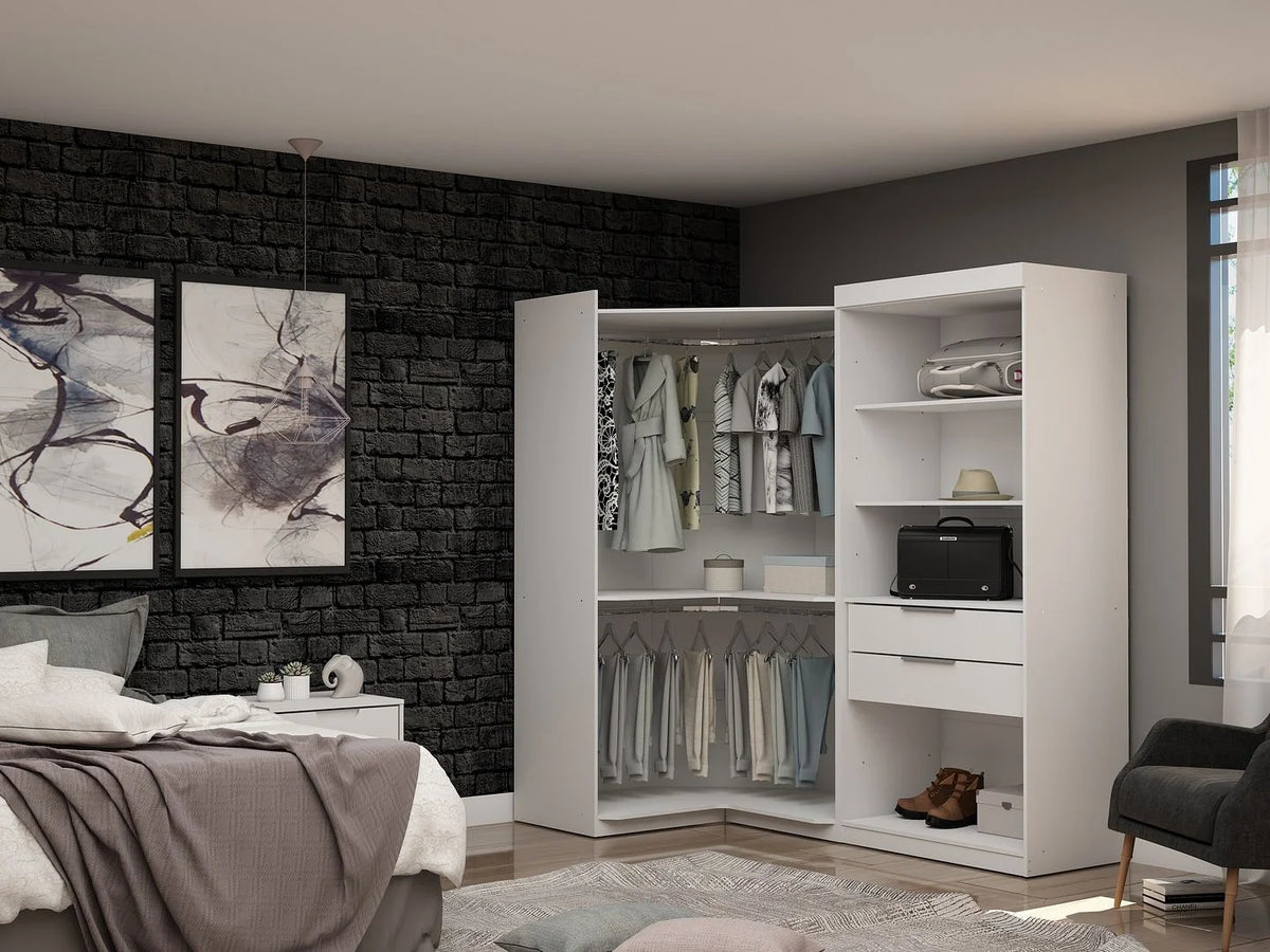 White Set of 2 Corner Wardrobe Closet with 2 Drawers S24304