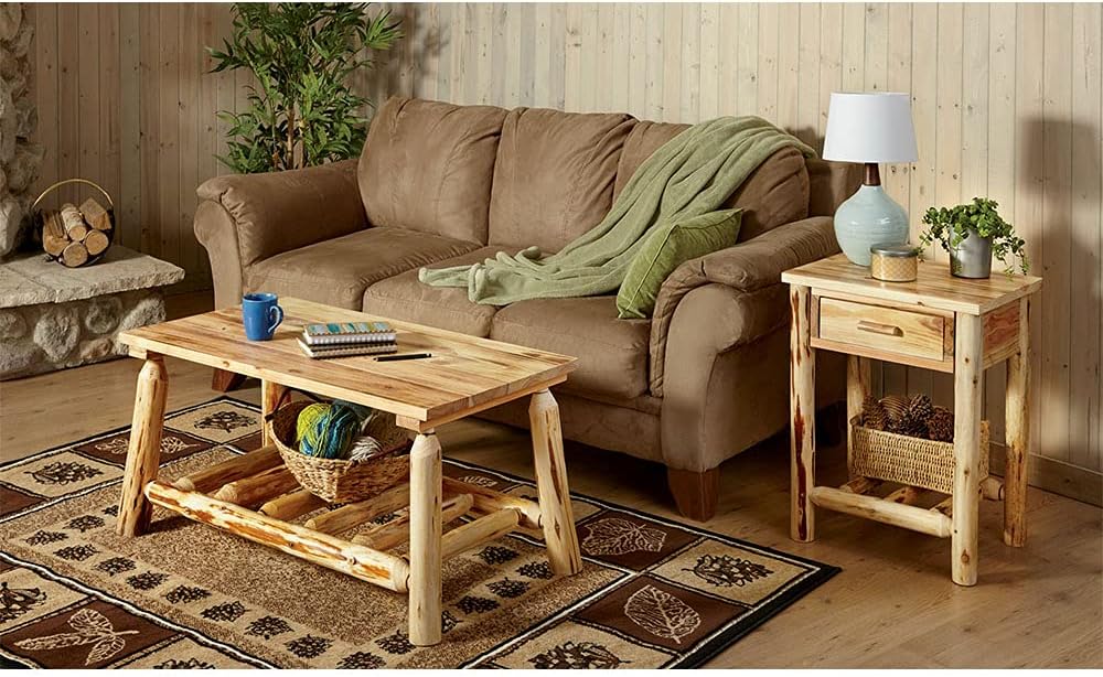 Pine Log End Table Nightstand with Storage Drawer N4376