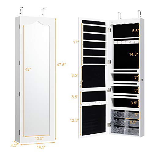 White Wall Mount Lockable Jewelry Cabinet Armoire with Full Length Mirror and 5 Lights G446
