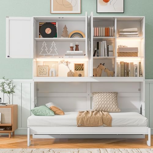 Grey Twin Murphy Bed with Storage Bookcase and Shelves B64923