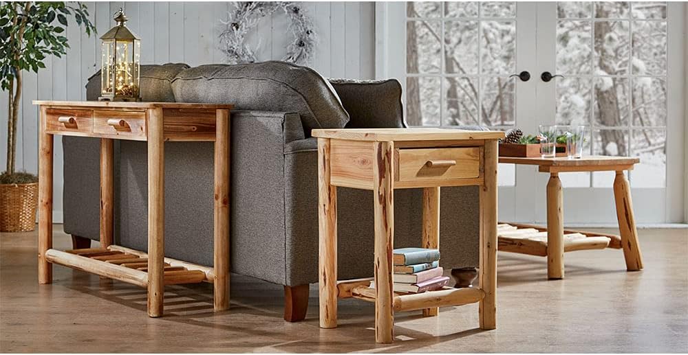 Pine Log End Table Nightstand with Storage Drawer N4376