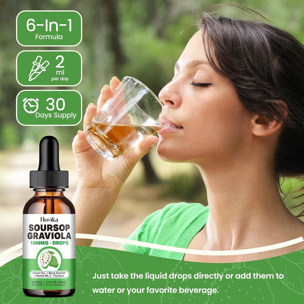 Soursop Graviola Liquid Drops 1500mg with Green Tea, Black Seed Oil, Turmeric, Natural-B Flavor 2 Fl Oz B34752