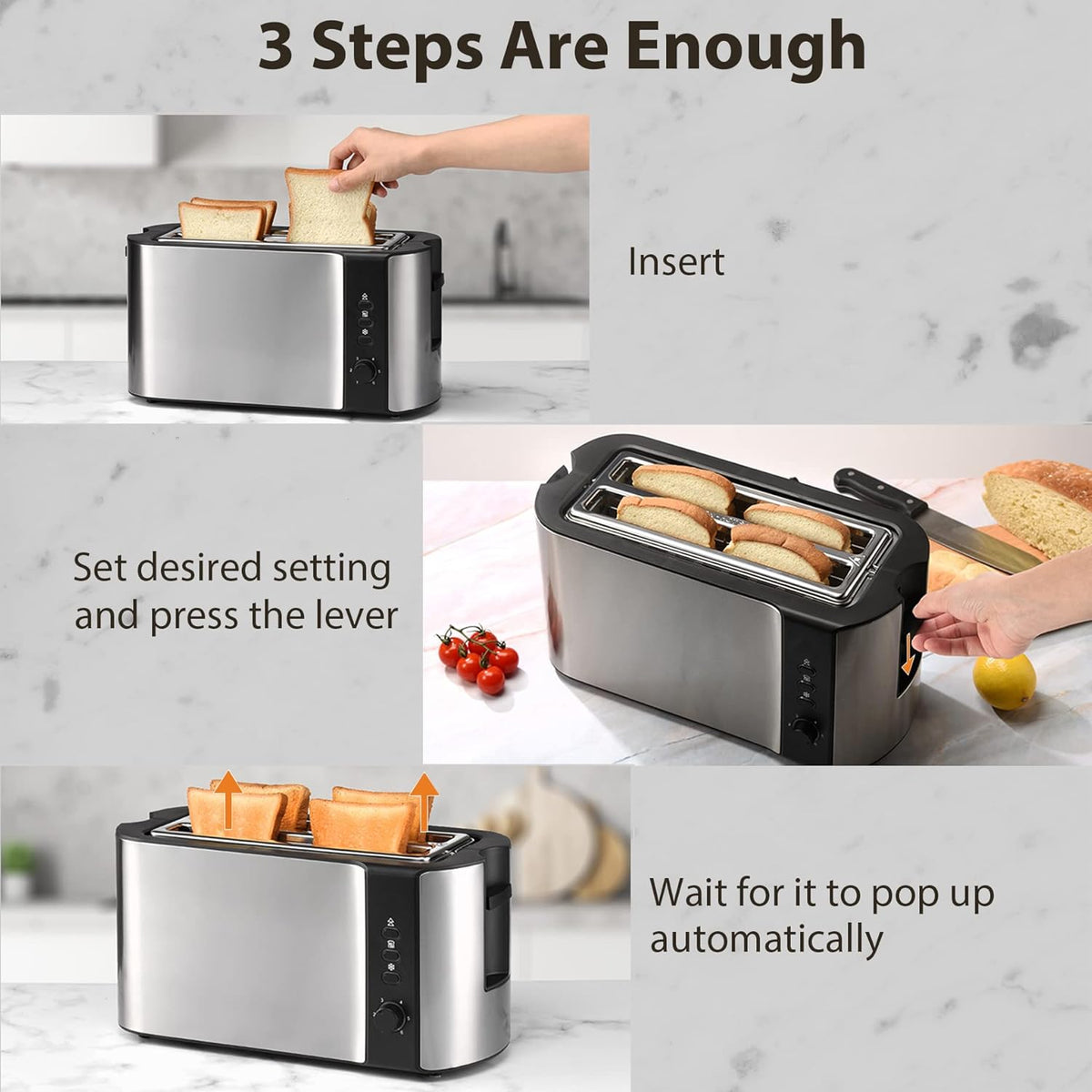 2 Slices Long Slot Stainless Steel Toaster with Warming Rack R421