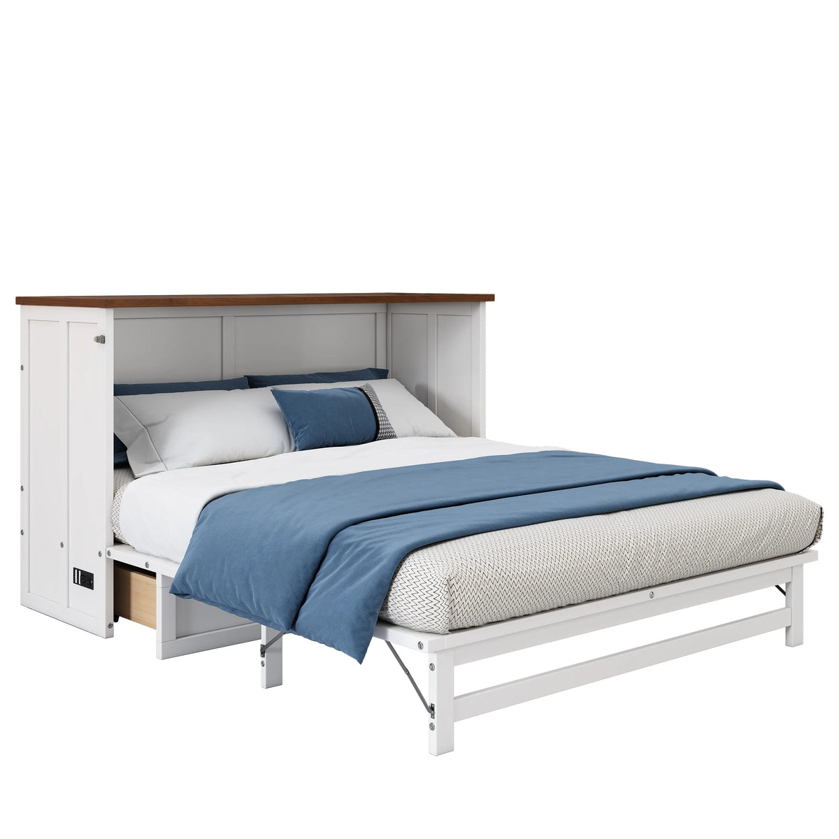White+Walnut Solid Wood Queen Size Murphy Bed with Storage Drawer Y565177
