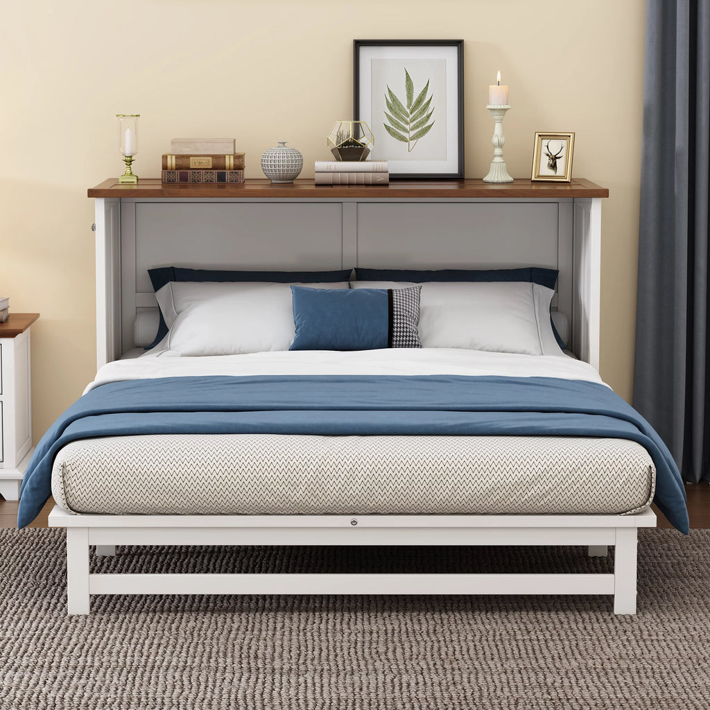 White+Walnut Solid Wood Queen Size Murphy Bed with Storage Drawer Y565177