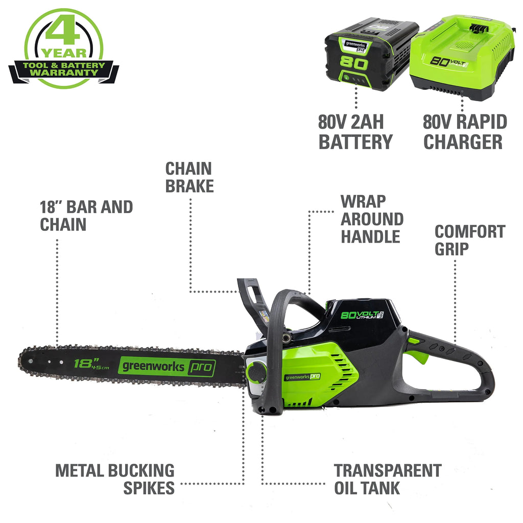 80V 18-inch Cordless Brushless Chainsaw Kit with 2.0 Ah Battery & Charger R530