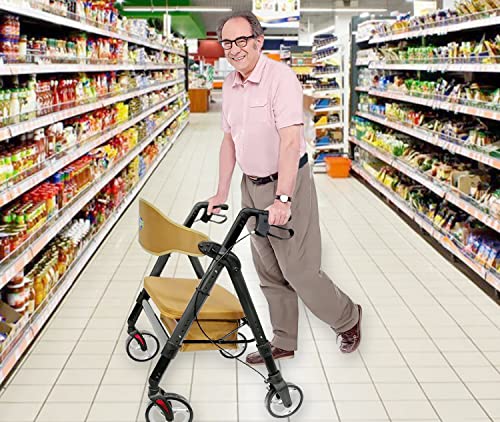 Heavy Duty Rollator Walker with Seat, Extra Wide Alluminium Folding Rolling Walker 450LB with Wide Basket & Padded Seat, 4 Wheel Walker (Black) L7592