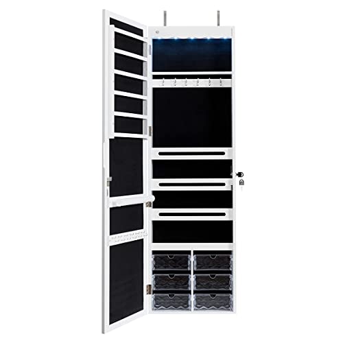 White Wall Mount Lockable Jewelry Cabinet Armoire with Full Length Mirror and 5 Lights G446