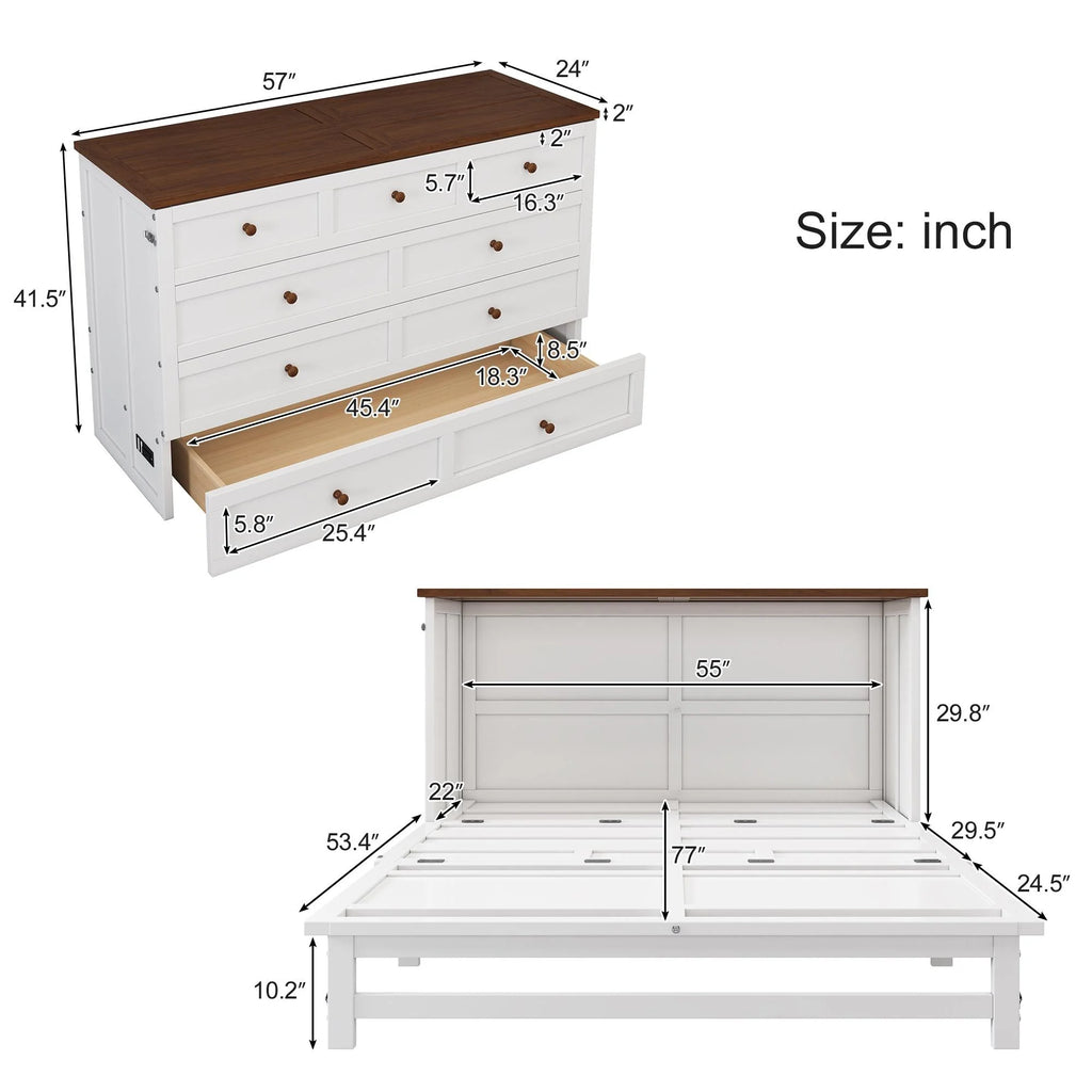 White+Walnut Solid Wood Queen Size Murphy Bed with Storage Drawer Y565177