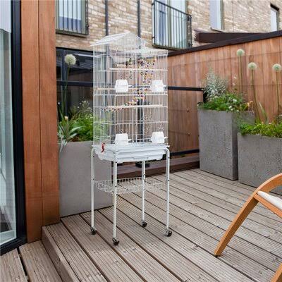 Iron Pointed Top Floor Bird Cage with Wheels White M295