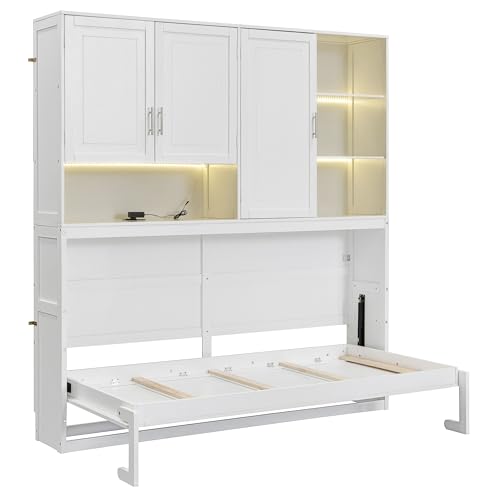 Grey Twin Murphy Bed with Storage Bookcase and Shelves B64923