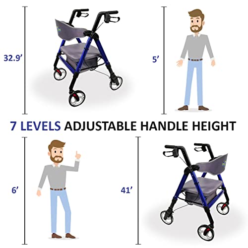 Heavy Duty Rollator Walker with Seat, Extra Wide Alluminium Folding Rolling Walker 450LB with Wide Basket & Padded Seat, 4 Wheel Walker (Black) L7592