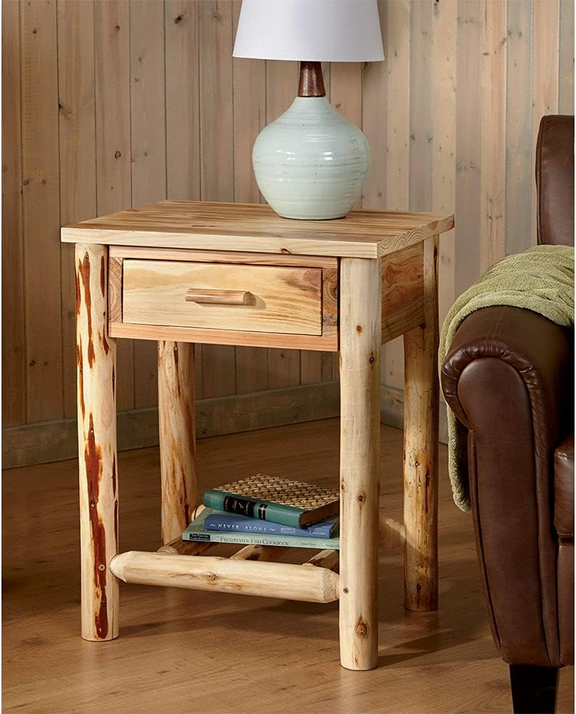 Pine Log End Table Nightstand with Storage Drawer N4376