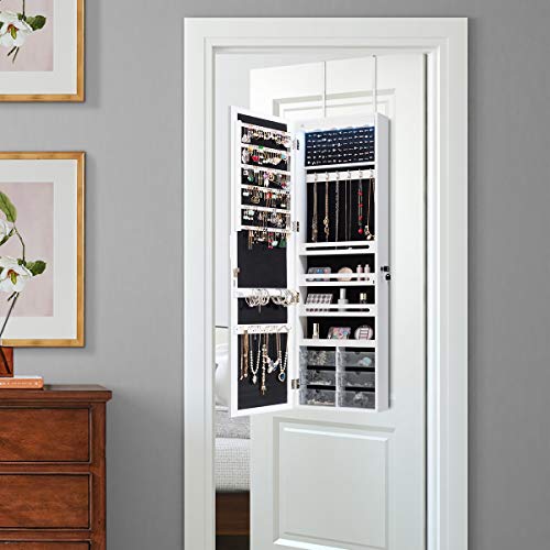 White Wall Mount Lockable Jewelry Cabinet Armoire with Full Length Mirror and 5 Lights G446