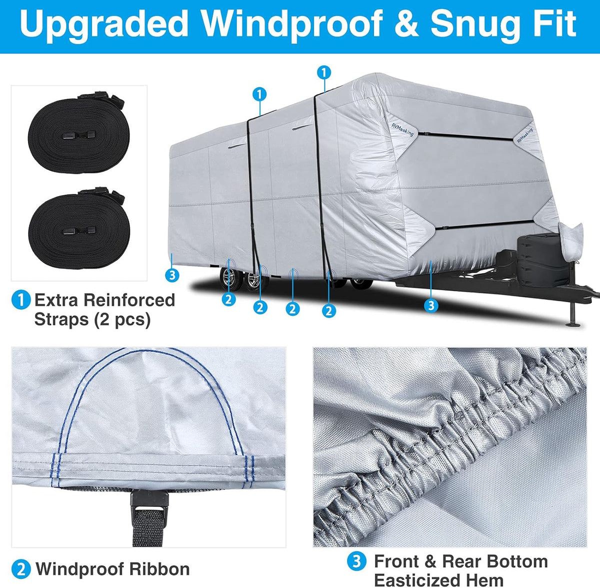 Rip-Stop RV Cover Fits 15'1" - 18' Long Motorhome, Waterproof Camper Cover with Gutter Covers W9326