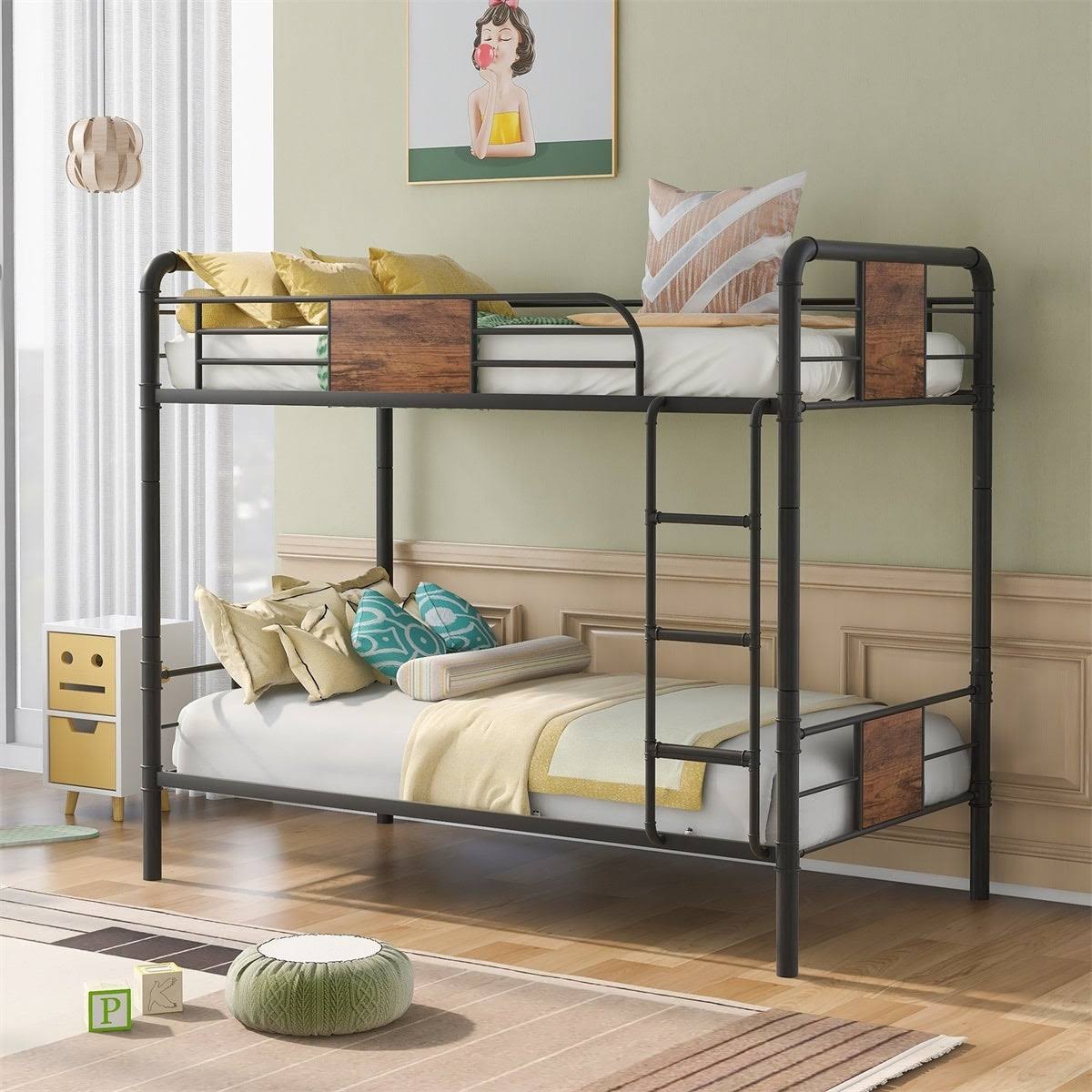 Black Metal and Wood Twin Over Twin Bunk Bed Q8597