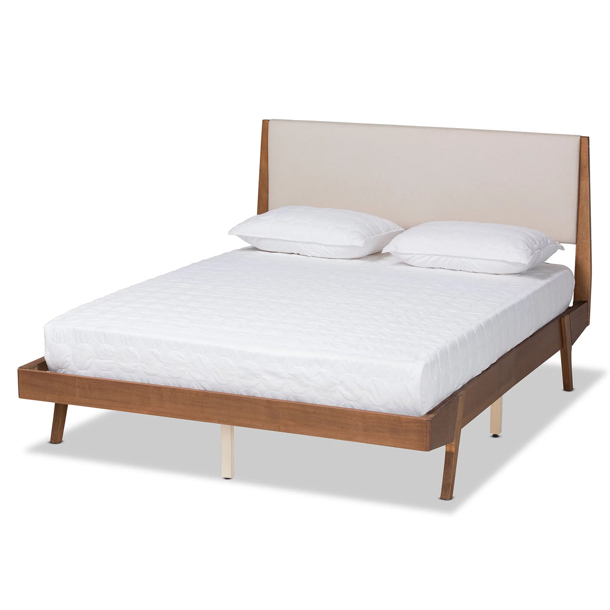 Beige Fabric Upholstered Walnut Brown Wood Queen Size Platform Bed A909