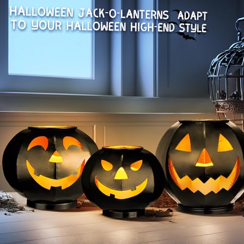 3 Tiers Black Metal Jack O Lanterns Light up Pumpkins with LED Candles S52210