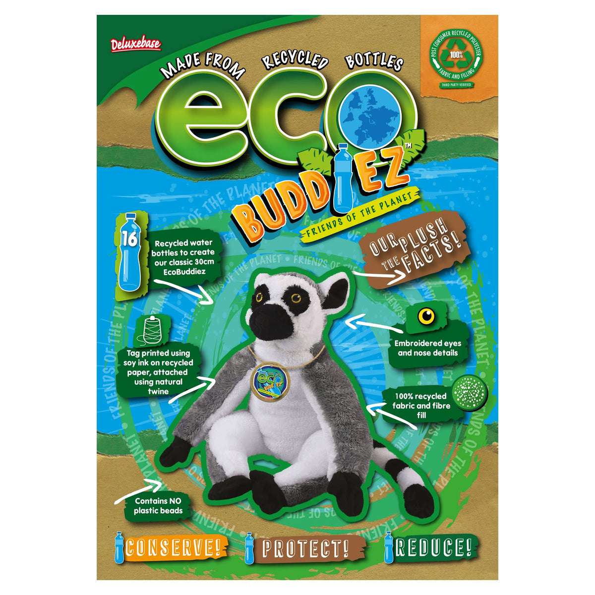 Ring Tailed Lemur 12 inch Soft Plush Toy made from Recycled Plastic Bottles E131553