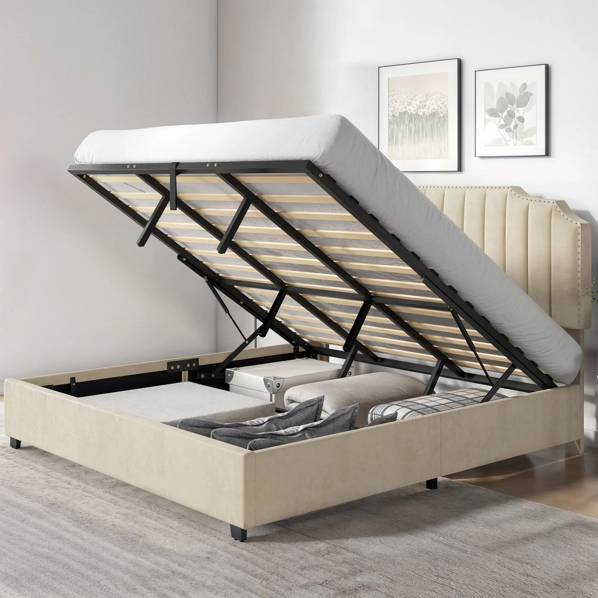 King Lift Up Storage Velvet Upholstered Platform Bed Frame G22868