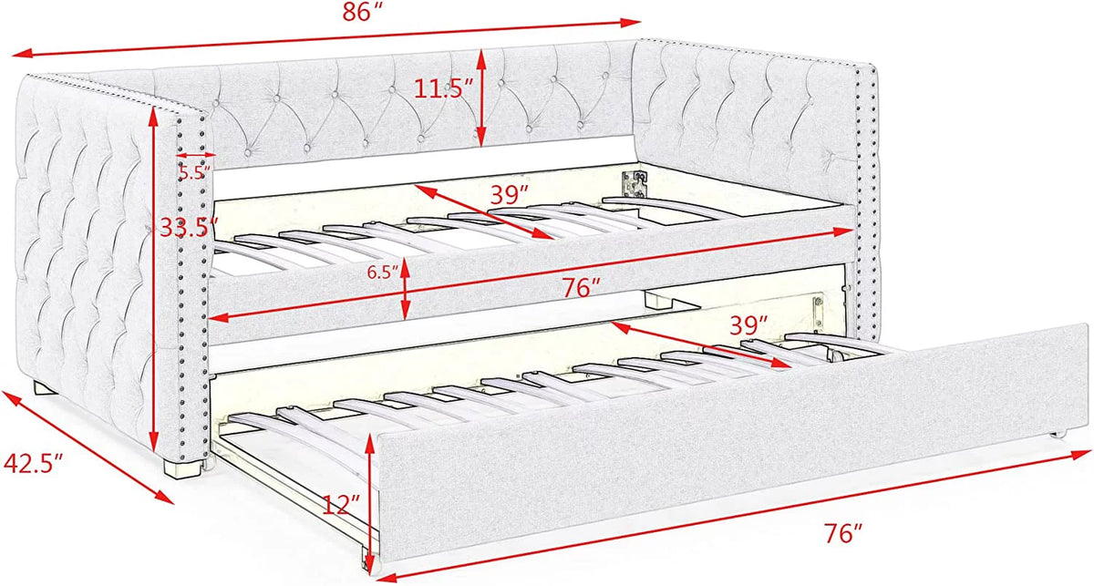 Light Grey Linen Upholstered Twin Size Daybed with Trundle R3495