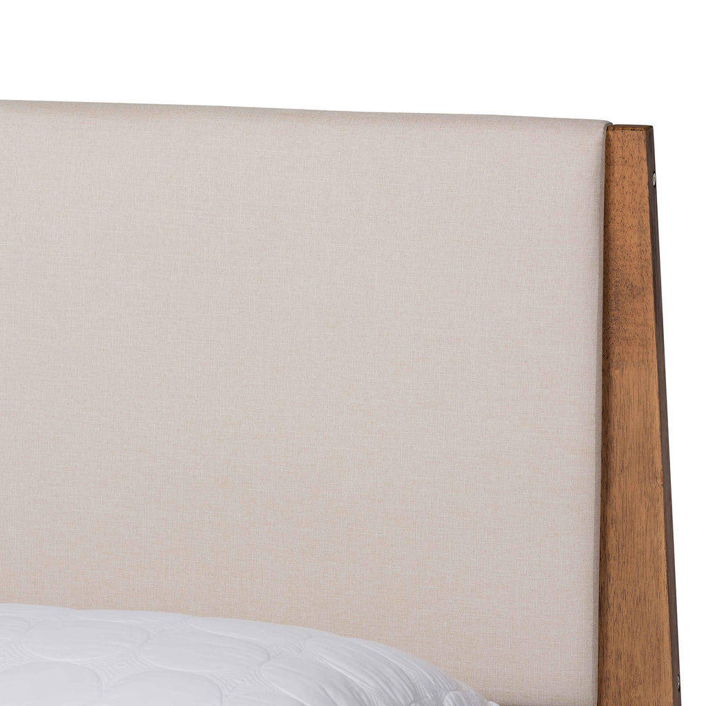 Beige Fabric Upholstered Walnut Brown Wood Queen Size Platform Bed A909