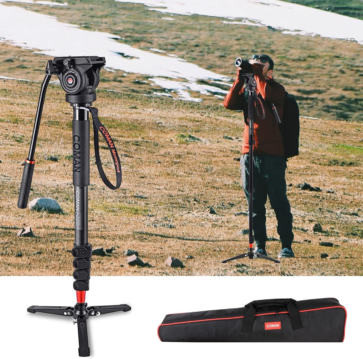 73.2 inch Aluminum Camera Monopod with Pan Tilt Fluid Head and Tripod Base T749