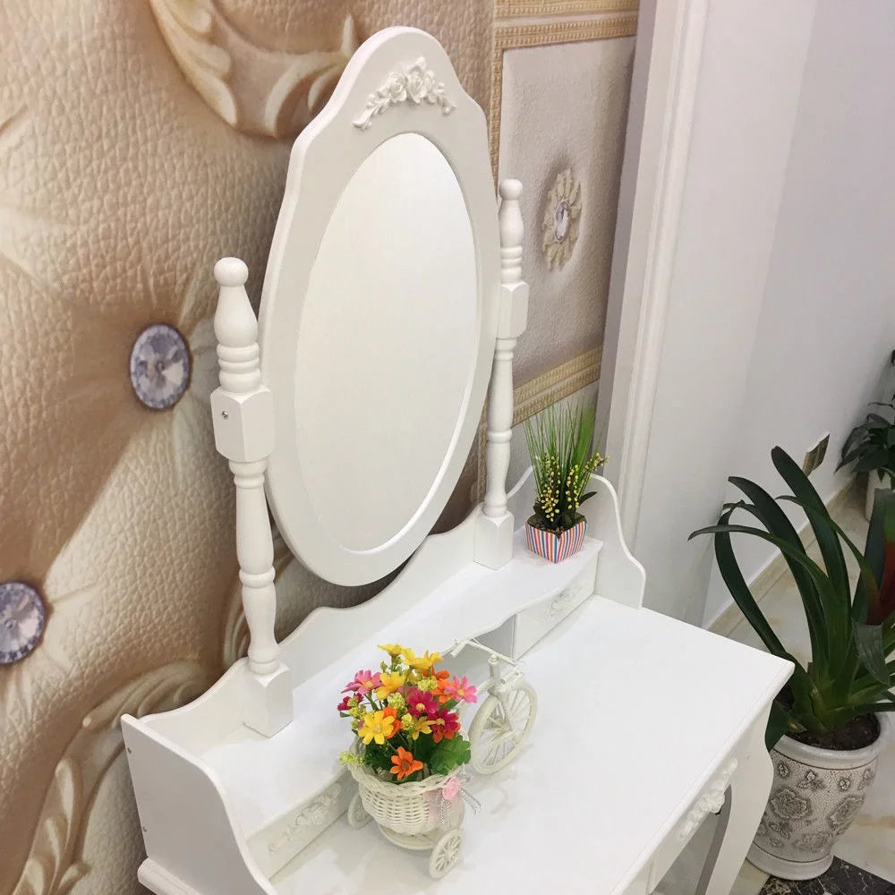 White Dressing Table and Stool Set with 4 Drawers & Mirror N102
