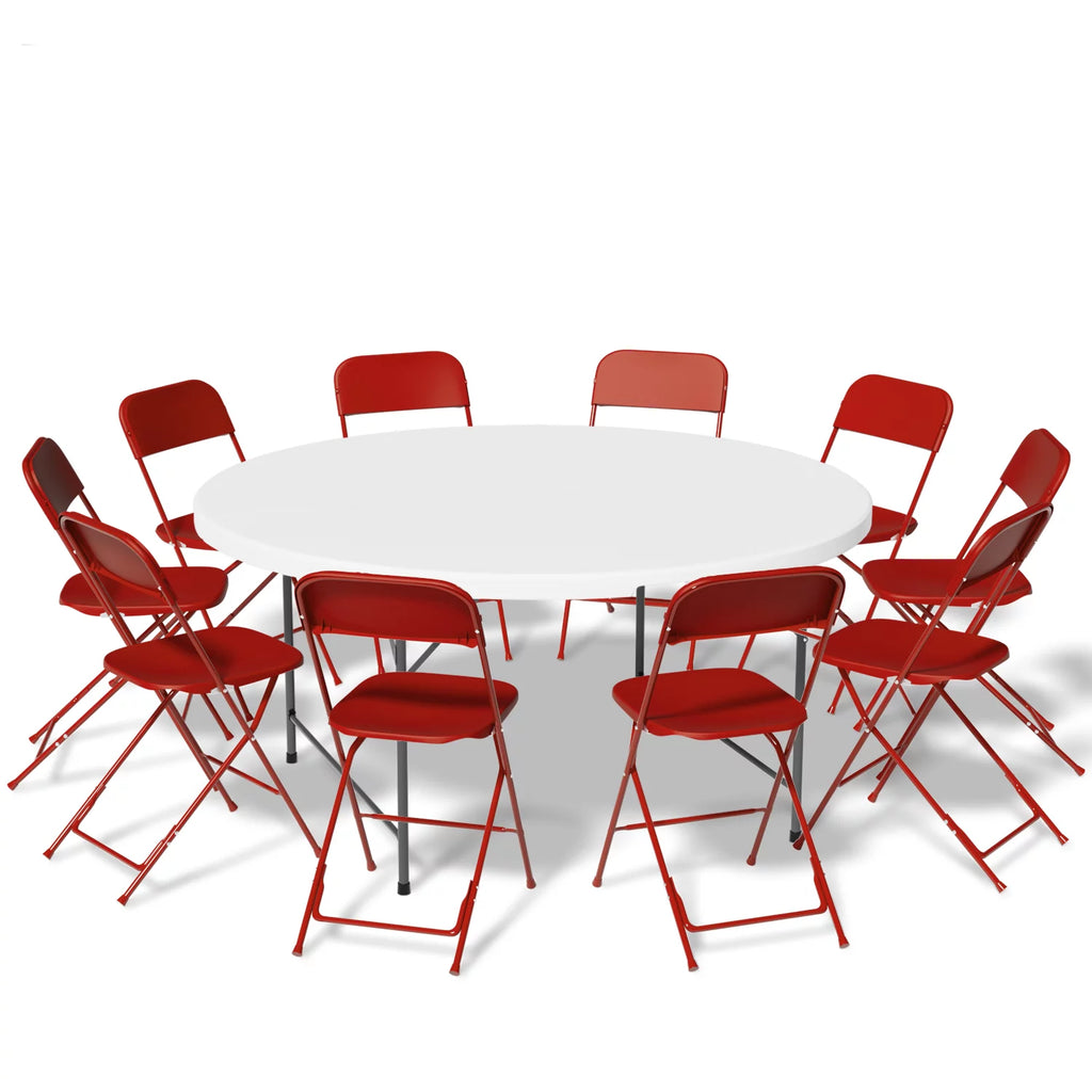 11 Pieces 4.5 Ft White Foldable Plastic Table and 10 Red Chair Set V54241