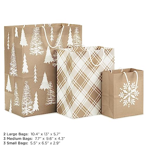 Assorted Christmas Gift Bags, Recyclable Kraft Brown with Snowflake, Plaid and Trees, 8 Bags: 3 Small 6", 3 Medium 9", 2 Large 13" G314194