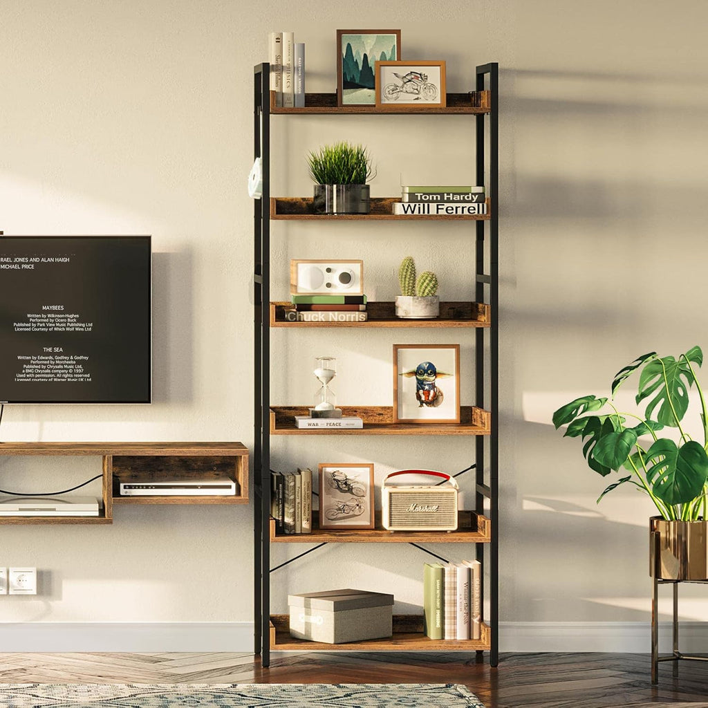 Rustic Brown 6 Tier Wood Bookshelf with 4 Hooks Metal Frame Z9009