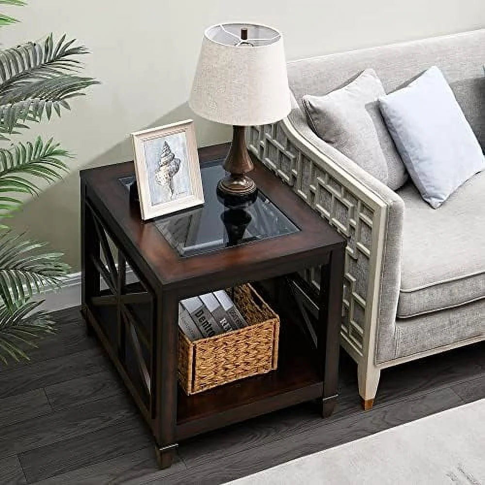 Rustic Brown End Table with Tempered Glass R3203
