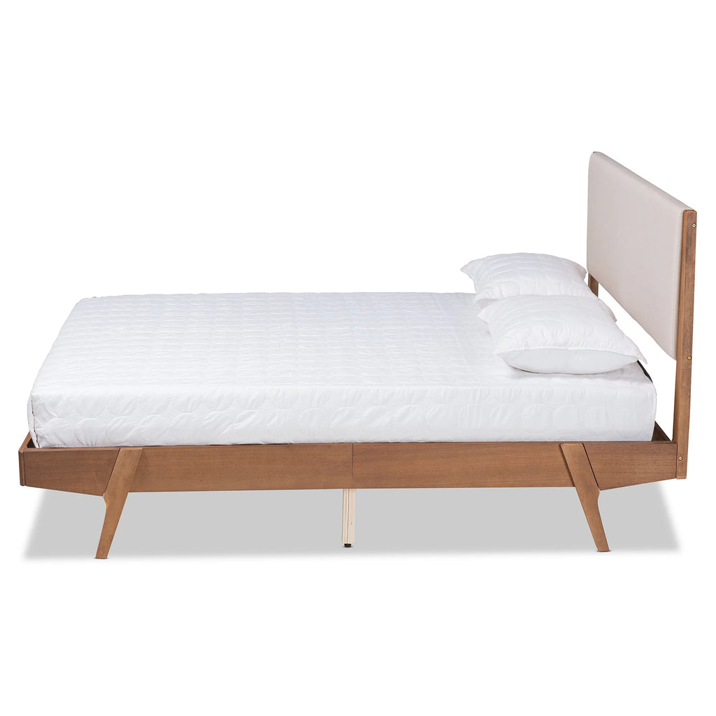 Beige Fabric Upholstered Walnut Brown Wood Queen Size Platform Bed A909