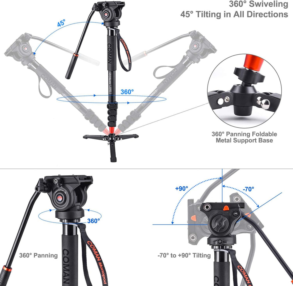 73.2 inch Aluminum Camera Monopod with Pan Tilt Fluid Head and Tripod Base T749