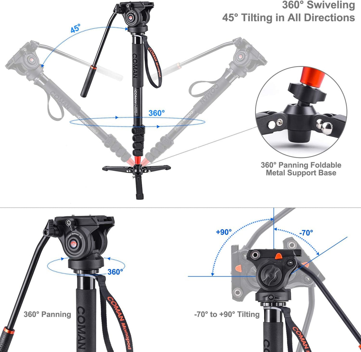 73.2 inch Aluminum Camera Monopod with Pan Tilt Fluid Head and Tripod Base T749