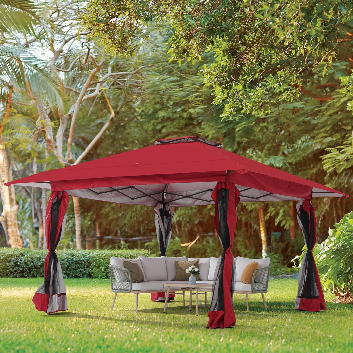 13'x13' Pop Up Gazebo with Netting Walls and Vented Roof Canopy, Beige Y344553