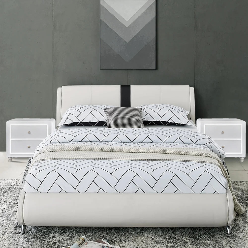 Queen White Platform Bedroom Set with Striped Headboard Q44261