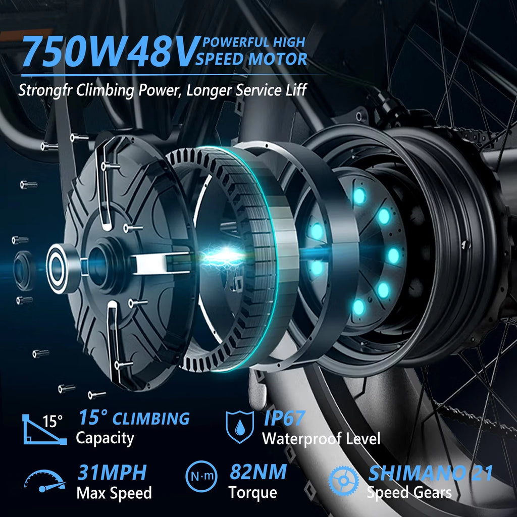 750W 48V 12AH Removable Battery 26" Fat Tire Folding Electric Bike D11534