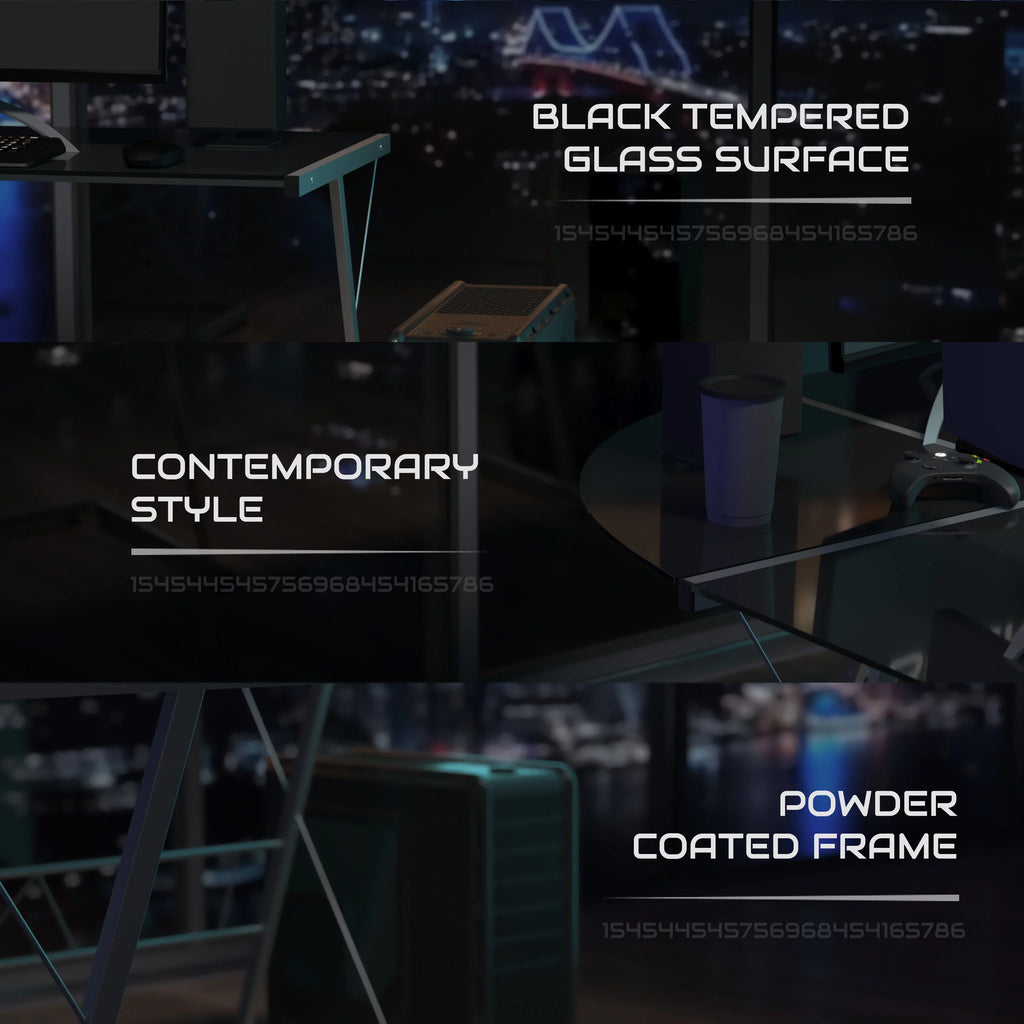 L-Shaped Gaming Desk with Black Tempered Glass Top F626953