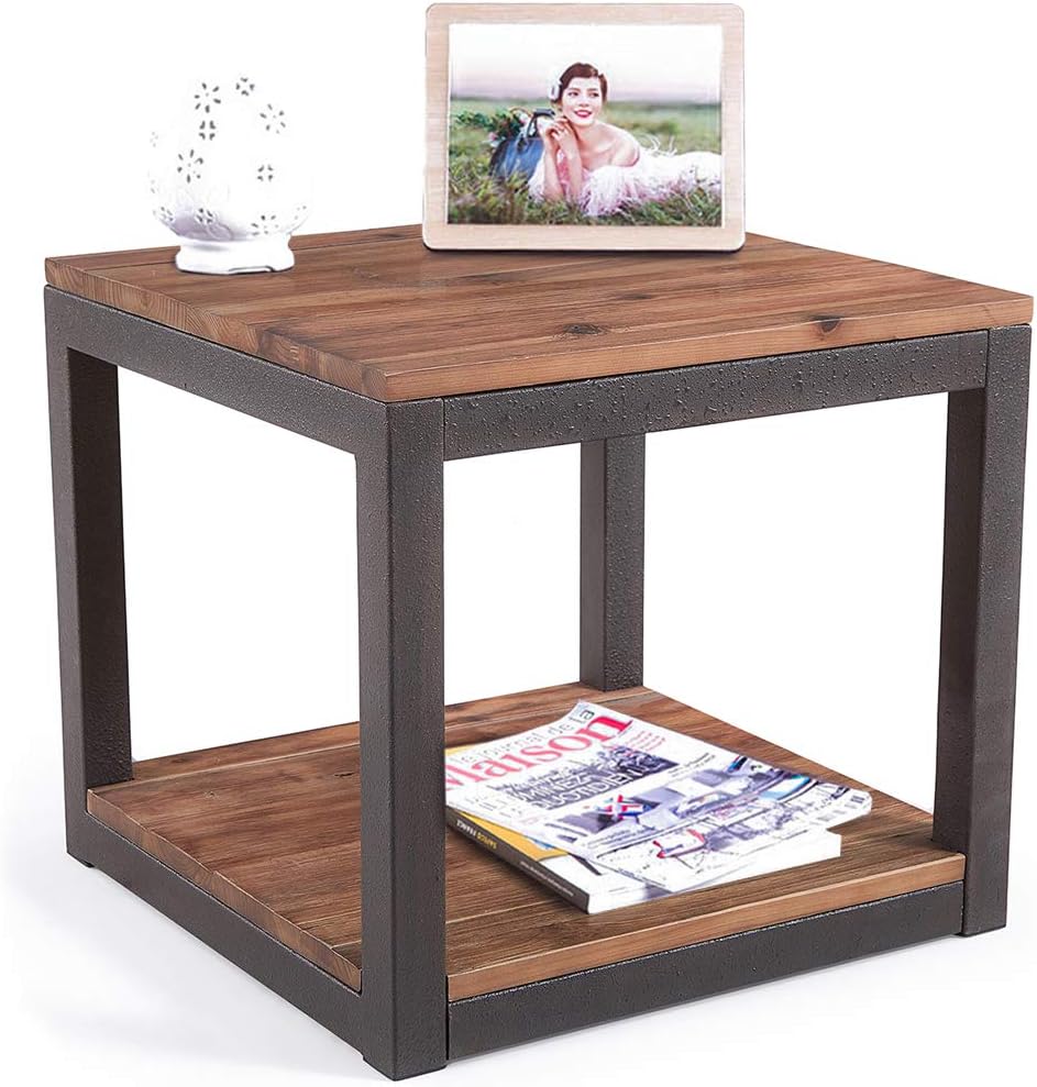 Vintage Industrial Side End Table with Storage Shelf, Reclaimed Wood, Rustic Brown Metal Frame X851