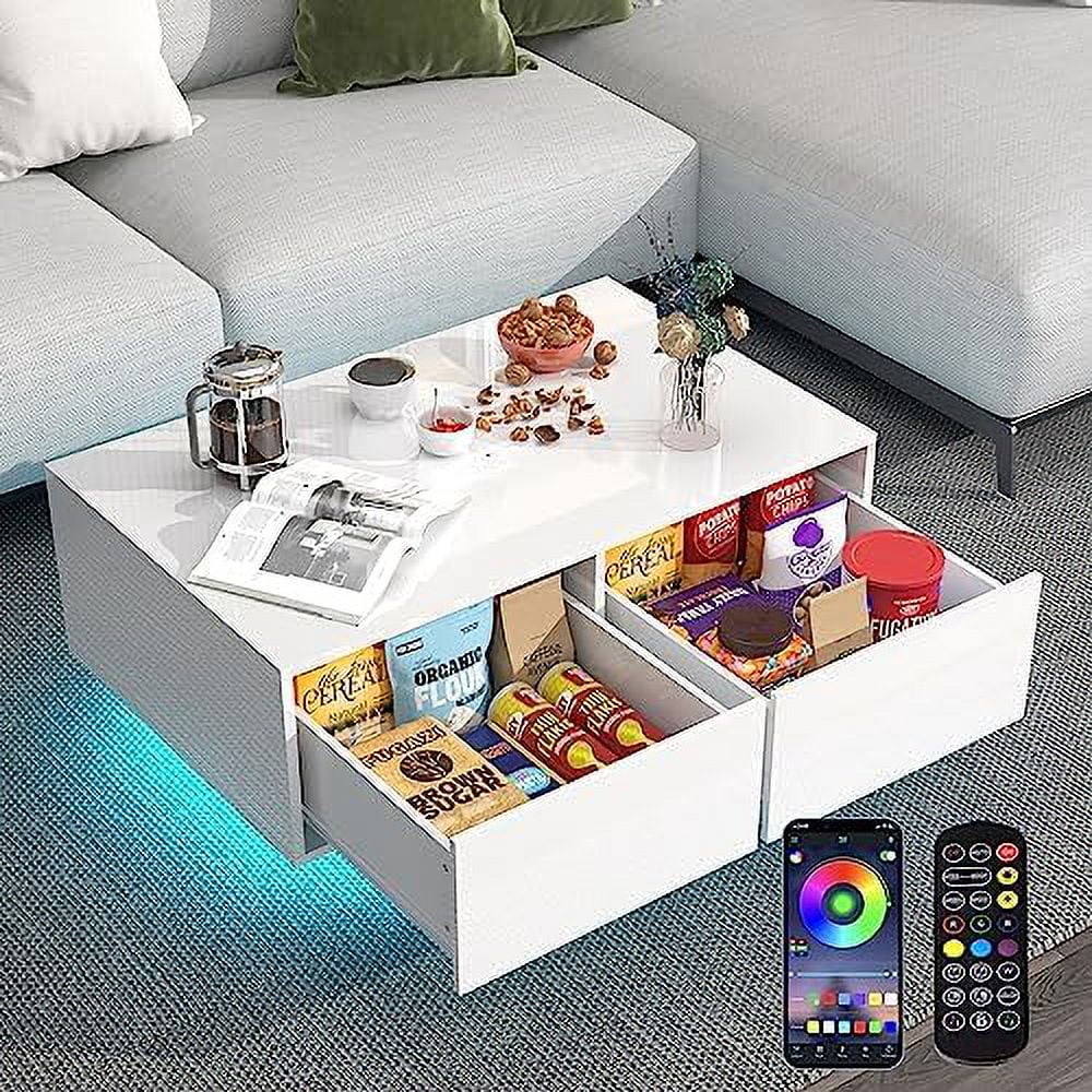 LED Coffee Table with 4 Sliding Drawers White O189508