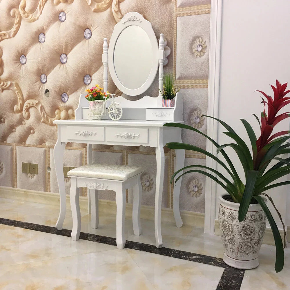 White Dressing Table and Stool Set with 4 Drawers & Mirror N102