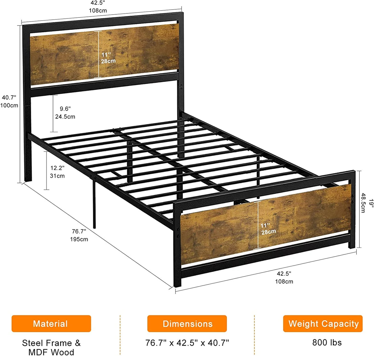 King Size Metal Bed Frame with Wood Headboard V40165