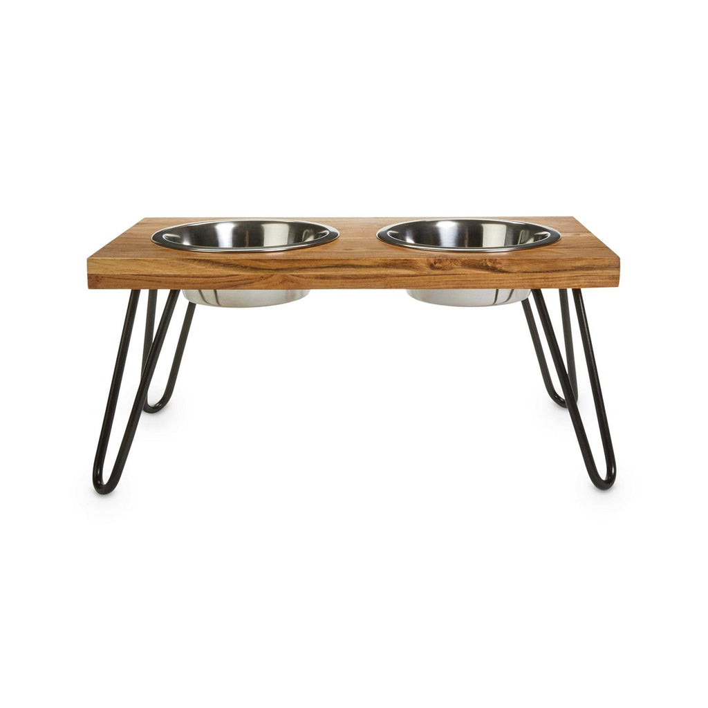 Elevated Wood Double Diner with Stainless-Steel Bowls M2841