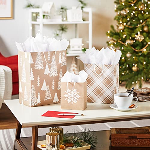 Assorted Christmas Gift Bags, Recyclable Kraft Brown with Snowflake, Plaid and Trees, 8 Bags: 3 Small 6", 3 Medium 9", 2 Large 13" G314194