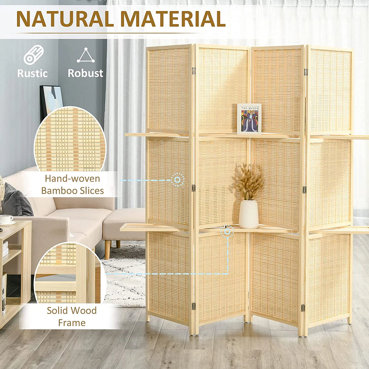 6 Ft Bamboo Folding Privacy Screen with 2 Display Shelves T8062