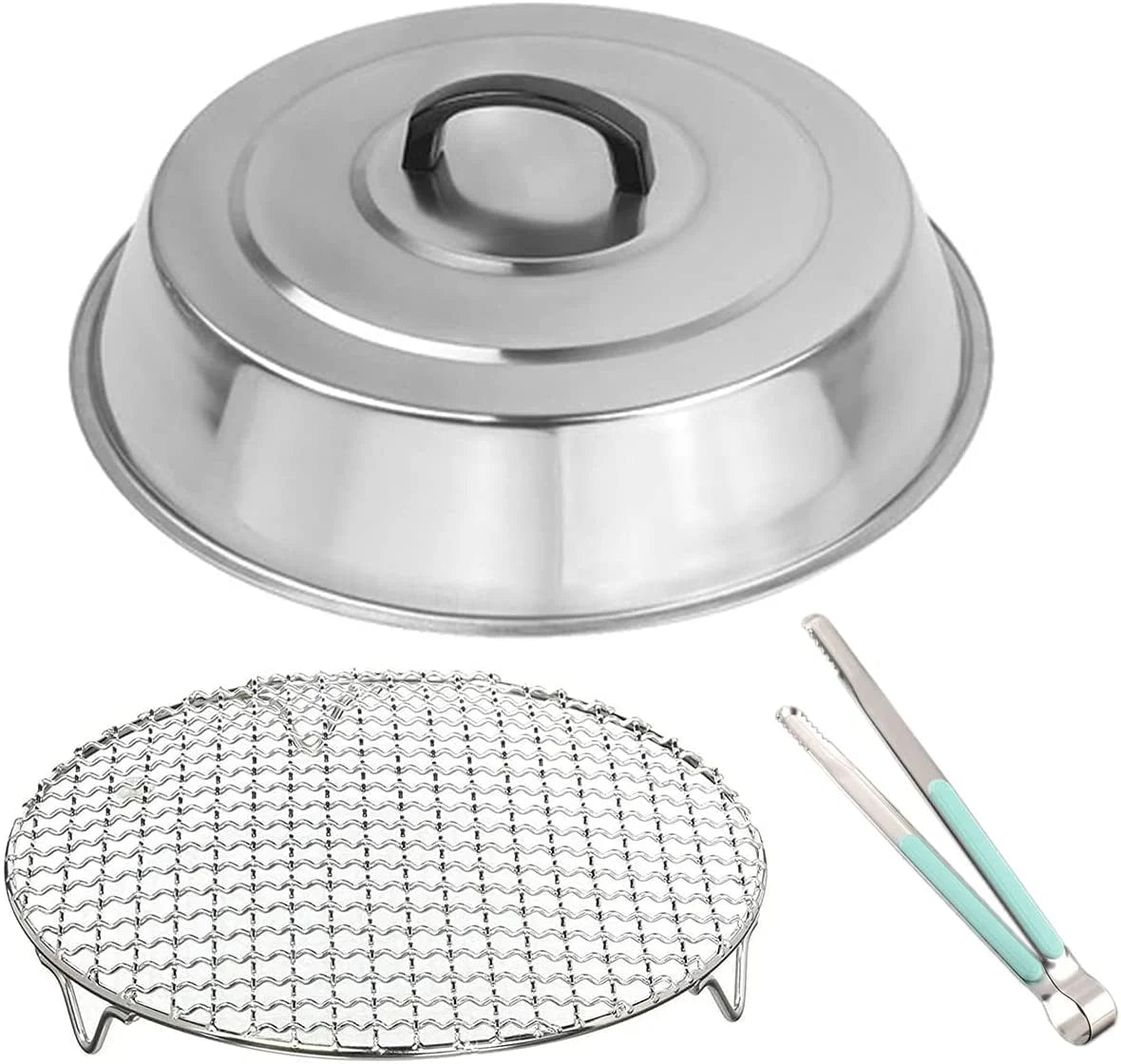 12 Inch Round Stainless Steel Basting Cover Dome and Cooling Wire Racks and BBQ Tong M185
